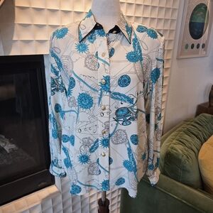Vintage Starington 100% Silk Nautical Map Blouse w/ Shoulder Pads
